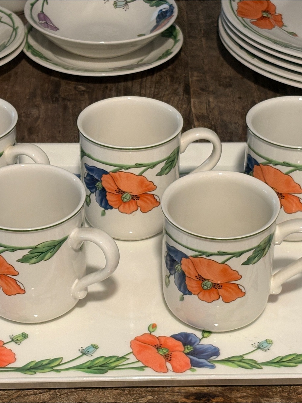 Villeroy & Boch Amapola Retired Poppy Porcelain Coffee Mug 6 pc Set with Tray